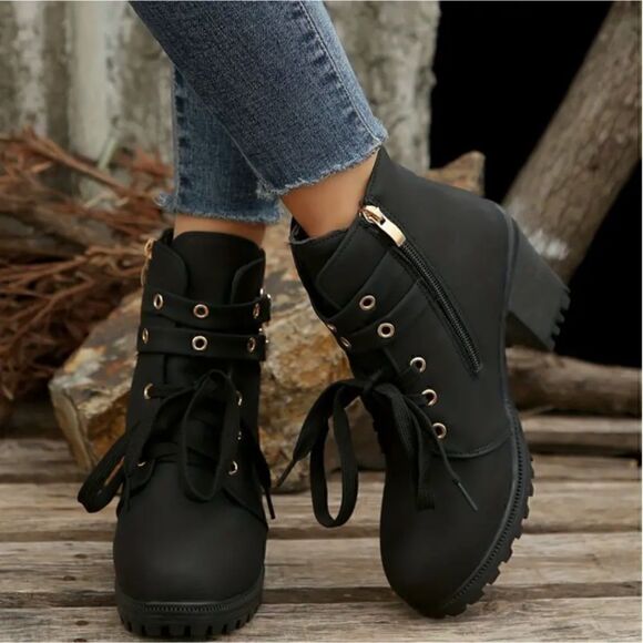 Black Platform Boots Chunky Heel Lace-Up Detail, Casual Buckle Ankle New Women's - Picture 3 of 6